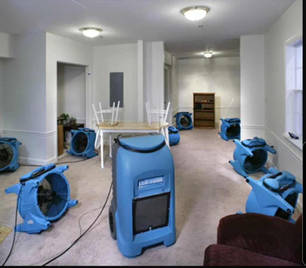 Air movers and dehumidifier setup for Water Extraction & Removal in Halls