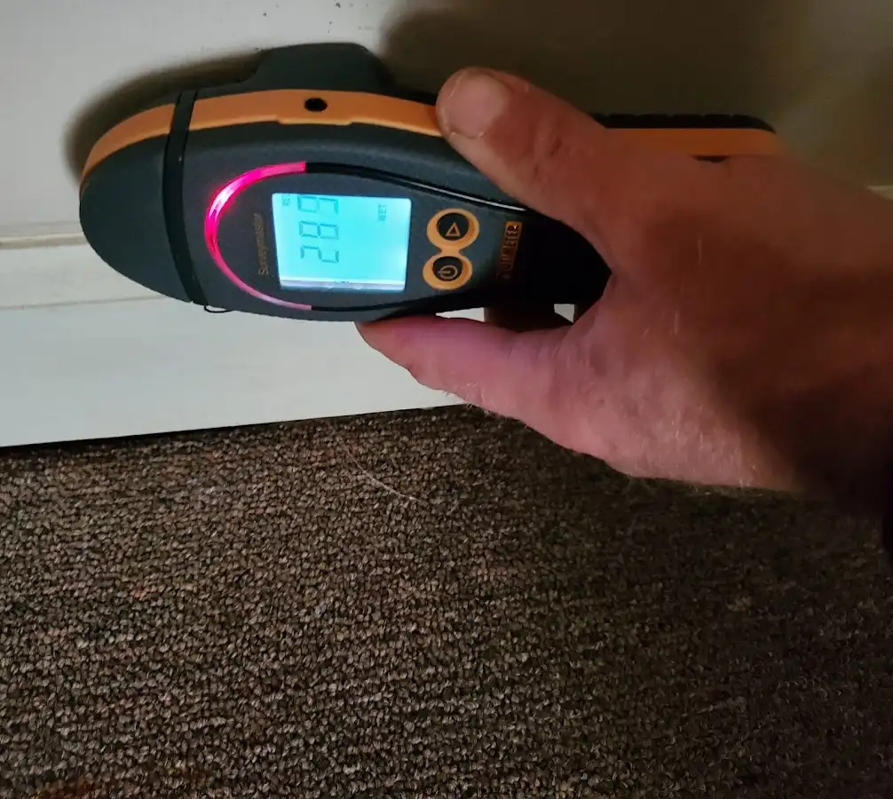 Moisture detection at baseboard during Storm Damage Restoration in Halls